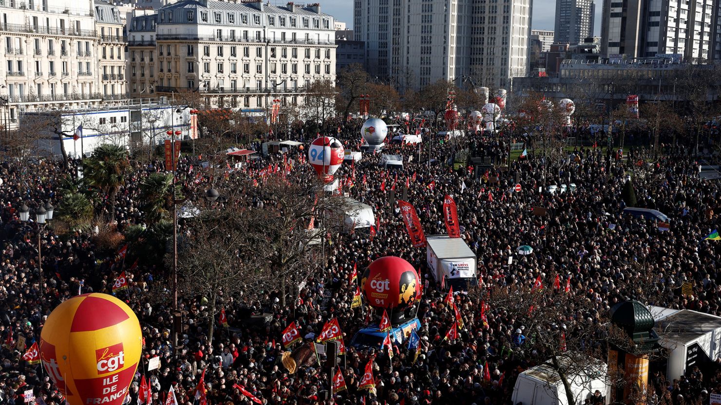 Protesters gather at Place d'Italie in Paris during a demonstration against the French government's pension reform plan on January 31, 2023.