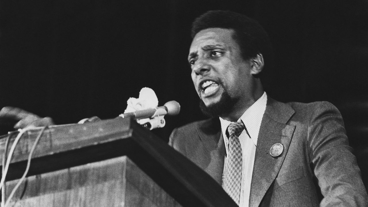 Stokely Carmichael (1941 - 1998, later Kwame Ture) giving a speech, circa 1974.