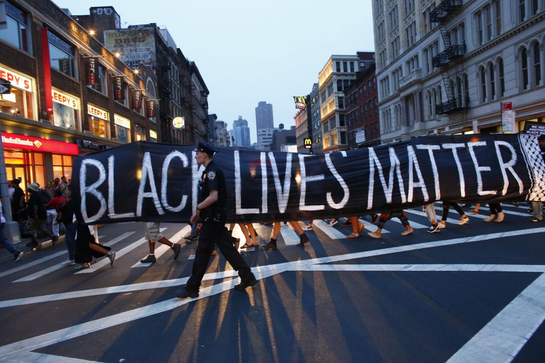 A police officer patrols during a protest in support of the Black Lives Matter movement in New York on July 09, 2016.
