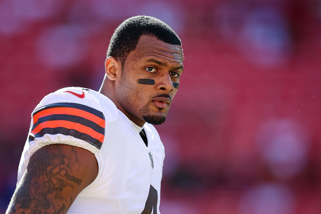 Deshaun Watson of the Cleveland Browns before a game against the Washington Commanders on January 1, 2023. Watson received an 11-game suspension and a $5 million fine from the NFL after allegations of sexual harassment were made against him.