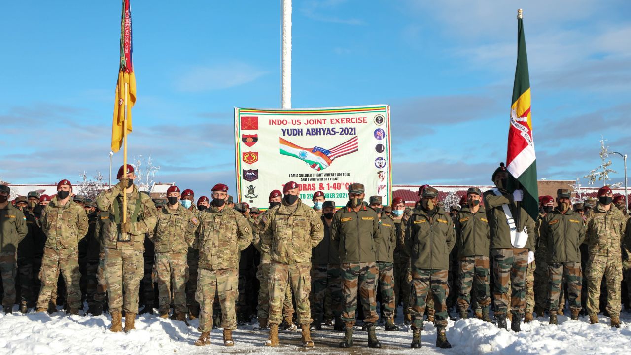 US Army paratroopers and Indian Army troops attend an opening ceremony for exercise Yudh Abhyas 21, on Oct., 15, 2021, at Joint Base Elmendorf-Richardson, Alaska.