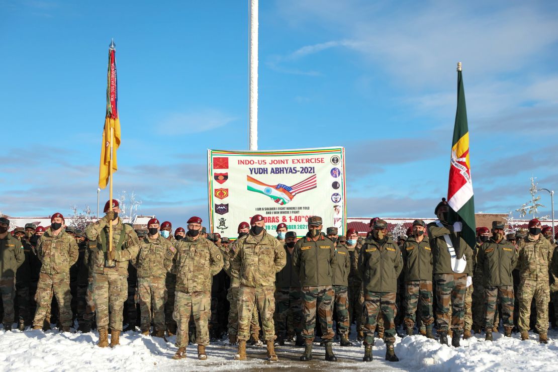 US Army paratroopers and Indian Army troops attend an opening ceremony for exercise Yudh Abhyas 21, on Oct., 15, 2021, at Joint Base Elmendorf-Richardson, Alaska.