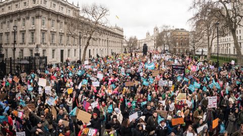Union members and supporters march towards Westminster, London on February 1, 2023.