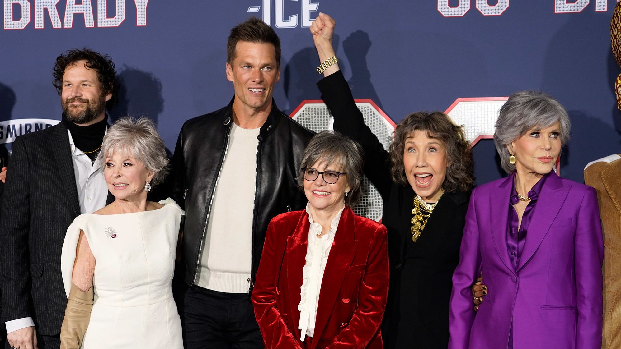 From left, "<a href="index.php?page=&url=https%3A%2F%2Fwww.cnn.com%2F2022%2F11%2F18%2Fentertainment%2F80-for-brady-trailer%2Findex.html" target="_blank">80 for Brady</a>" director Kyle Marvin and cast members Rita Moreno, Brady, Sally Field, Lily Tomlin and Jane Fonda pose together at the Los Angeles premiere of the film in January 2023. The movie, which is based on a true story, follows a group of octogenarians who are hardcore Brady fans and travel to Super Bowl LI. "This could be Tom's last one; he's almost 40," Tomlin's character says in the trailer. "That's like 80 in people years."