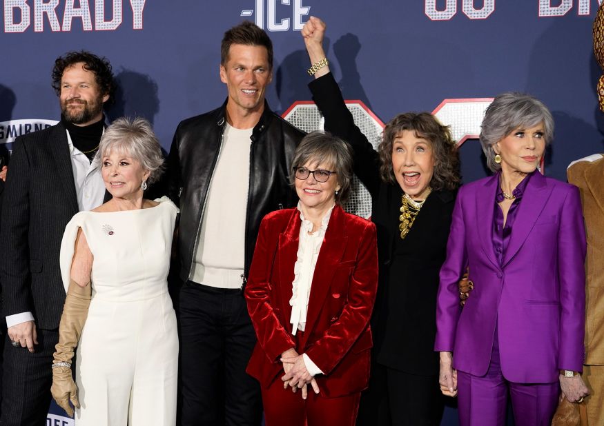 From left, "<a href="https://www.cnn.com/2022/11/18/entertainment/80-for-brady-trailer/index.html" target="_blank">80 for Brady</a>" director Kyle Marvin and cast members Rita Moreno, Brady, Sally Field, Lily Tomlin and Jane Fonda pose together at the Los Angeles premiere of the film in January 2023. The movie, which is based on a true story, follows a group of octogenarians who are hardcore Brady fans and travel to Super Bowl LI. "This could be Tom's last one; he's almost 40," Tomlin's character says in the trailer. "That's like 80 in people years."