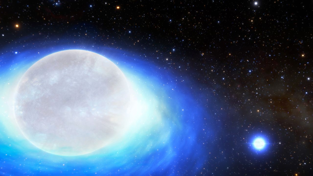 This artist's impression a rare binary star system discovered in the Milky Way. The secondary Be-type star (left) has swelled in size due to material released by the primary star (right).