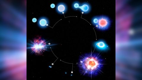 This infographic showcases the evolution of the star system CPD-29 2176.