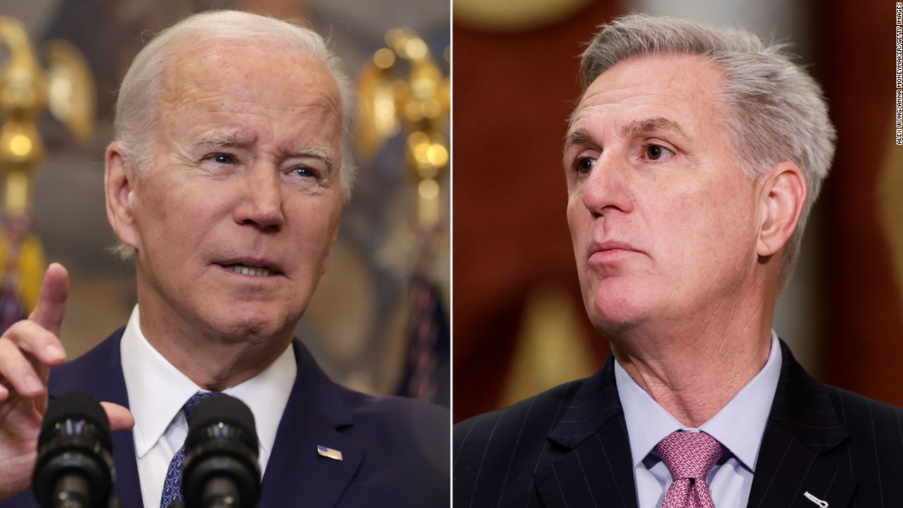 At left, US President Joe Biden, and, at right, House Speaker Kevin McCarthy, are pictured. 