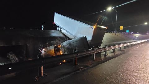 An 18-wheeler slid off Interstate 20 and crashed into the median Wednesday in Van, Texas.