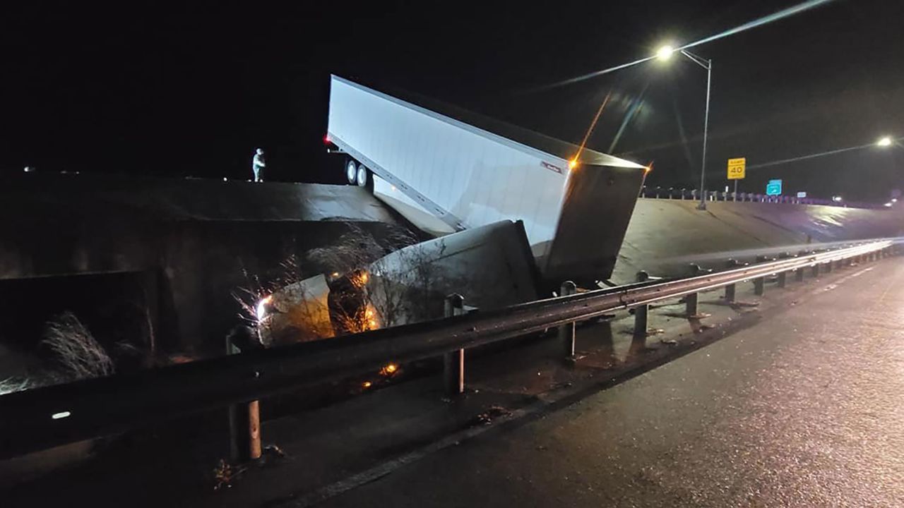 An 18-wheeler slid off Interstate 20 and crashed into the median Wednesday in Van, Texas.
