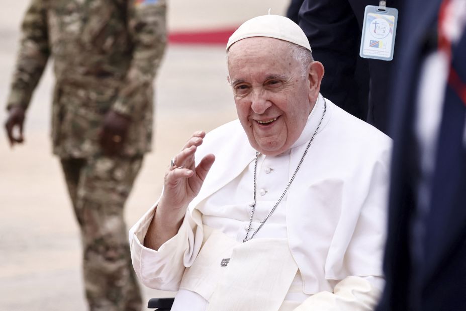 Pope Francis arrives at N'djili International Airport in Kinshasa on Tuesday.