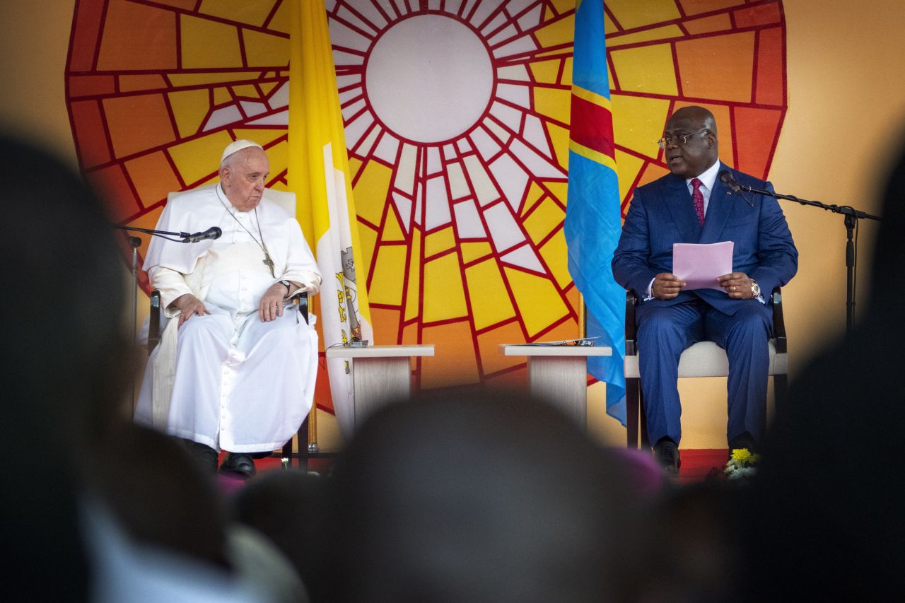 Pope Francis sits with President of the Democratic Republic of the Congo Felix-Antoine Tshisekedi Tshilombo during a welcome ceremony at the Palais de la Nation, in Kinshasa.