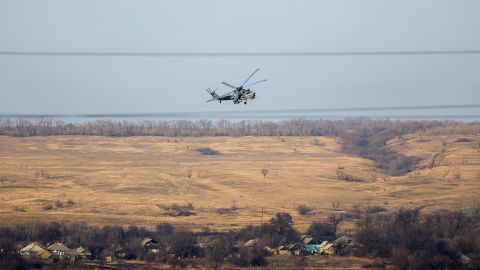 A Russian Mi-28 military helicopter is pictured in the Luhansk region of eastern Ukraine on January 19.