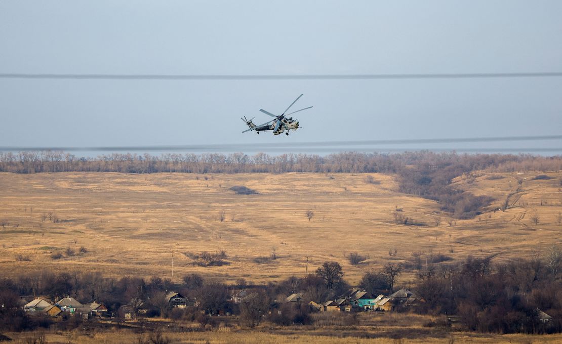 A Russian Mi-28 military helicopter pictured in the Luhansk region in eastern Ukraine on January 19.