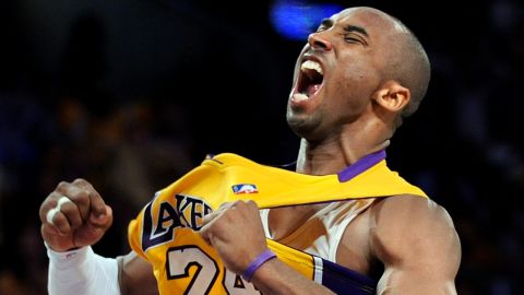 Kobe Bryant celebrates a 3-pointer against the Nuggets in Game 2 of the 2008 NBA Playoffs at the Staples Center.