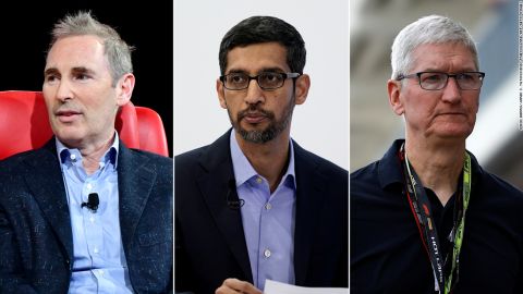 From left to right: Amazon President and CEO Andy Jassy, Alphabet and Google CEO Sundar Pichai, Apple CEO Tim Cook.