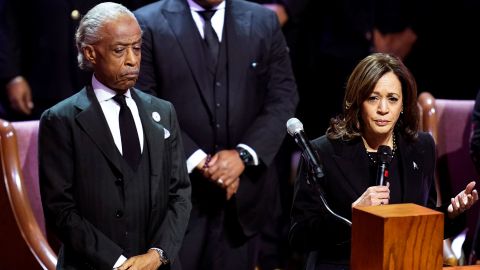 The Rev. Al Sharpton listens as Vice President Kamala Harris speaks during the funeral service for Tyre Nichols on Wednesday in Memphis.