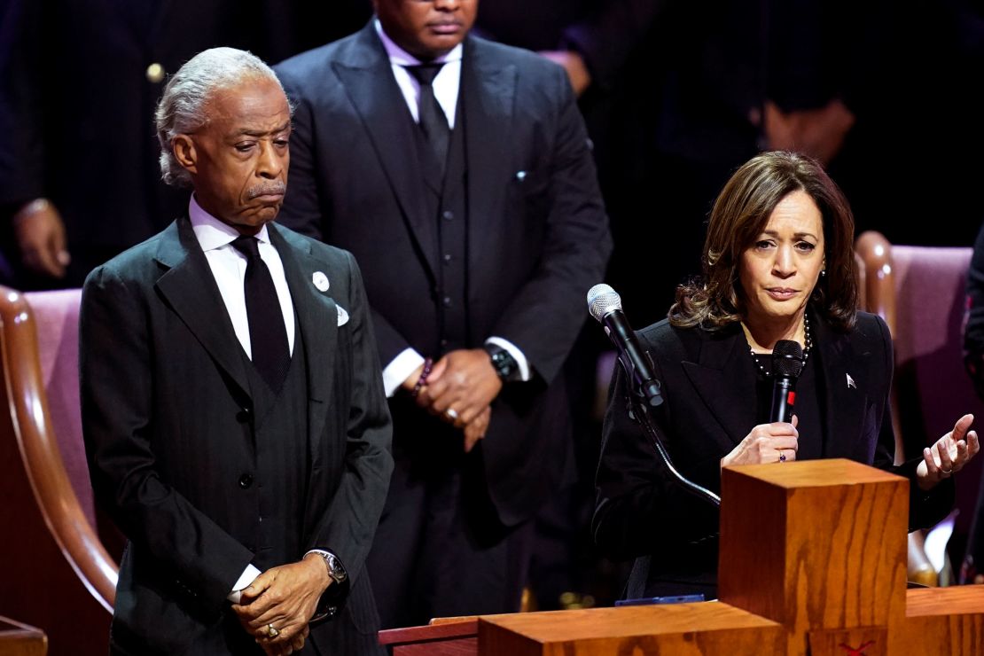 The Rev. Al Sharpton listens as Vice President Kamala Harris speaks during the funeral service for Tyre Nichols on Wednesday in Memphis.