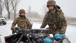 Ukrainian soldiers are pictured in Krasnohorivka, in eastern Ukraine.