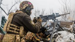 Ukrainian soldiers are pictured in Krasnohorivka, in eastern Ukraine. 