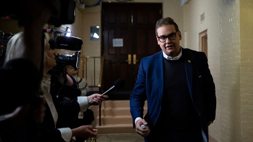 Representative George Santos (R-N.Y.) departs a House Republican Caucus meeting, at the U.S. Capitol, in Washington, D.C., on Tuesday, January 31.