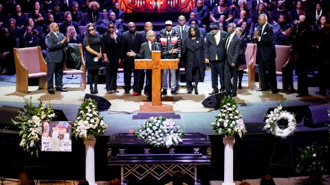 Rev. Al Sharpton introduces the family of Tyre Nichols during his funeral service at Mississippi Boulevard Christian Church in Memphis on February 1, 2023.