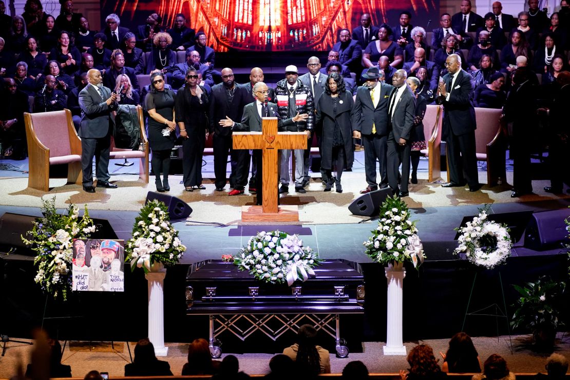 Rev. Al Sharpton introduces the family of Tyre Nichols during his funeral service at Mississippi Boulevard Christian Church in Memphis on February 1, 2023.