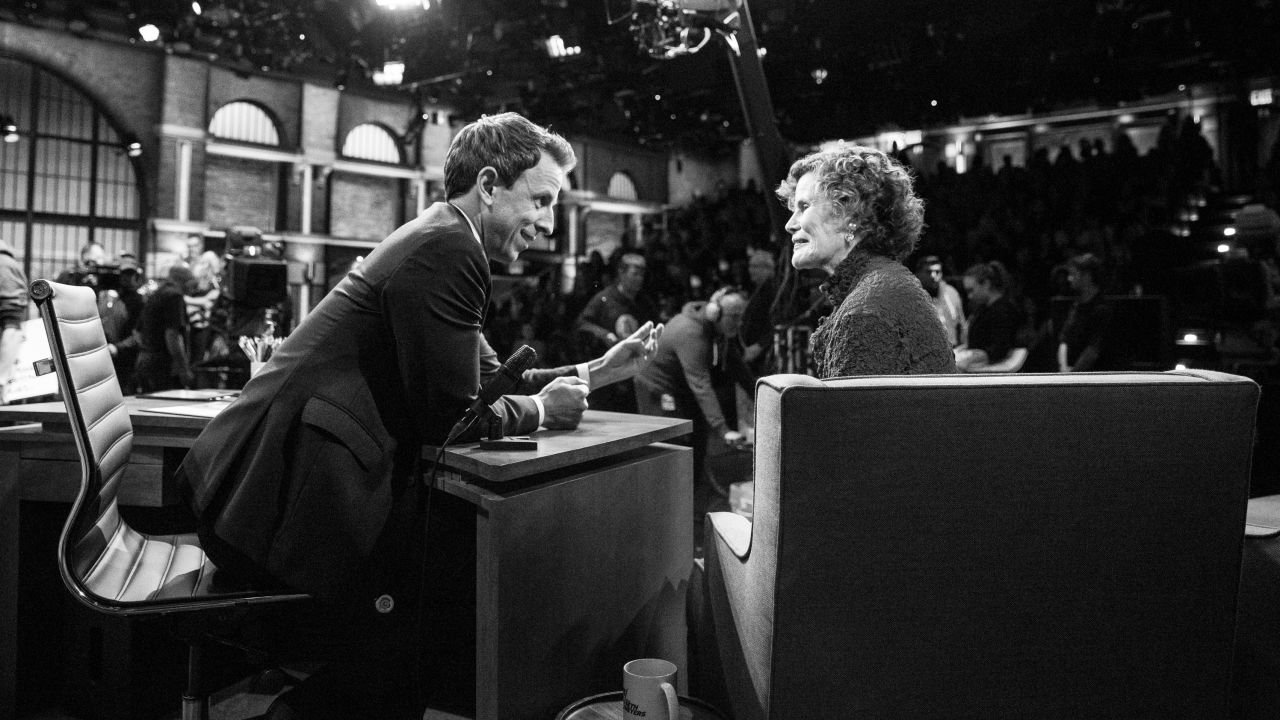 Seth Meyers talks with author Judy Blume during a commerical break on September 18, 2015.
