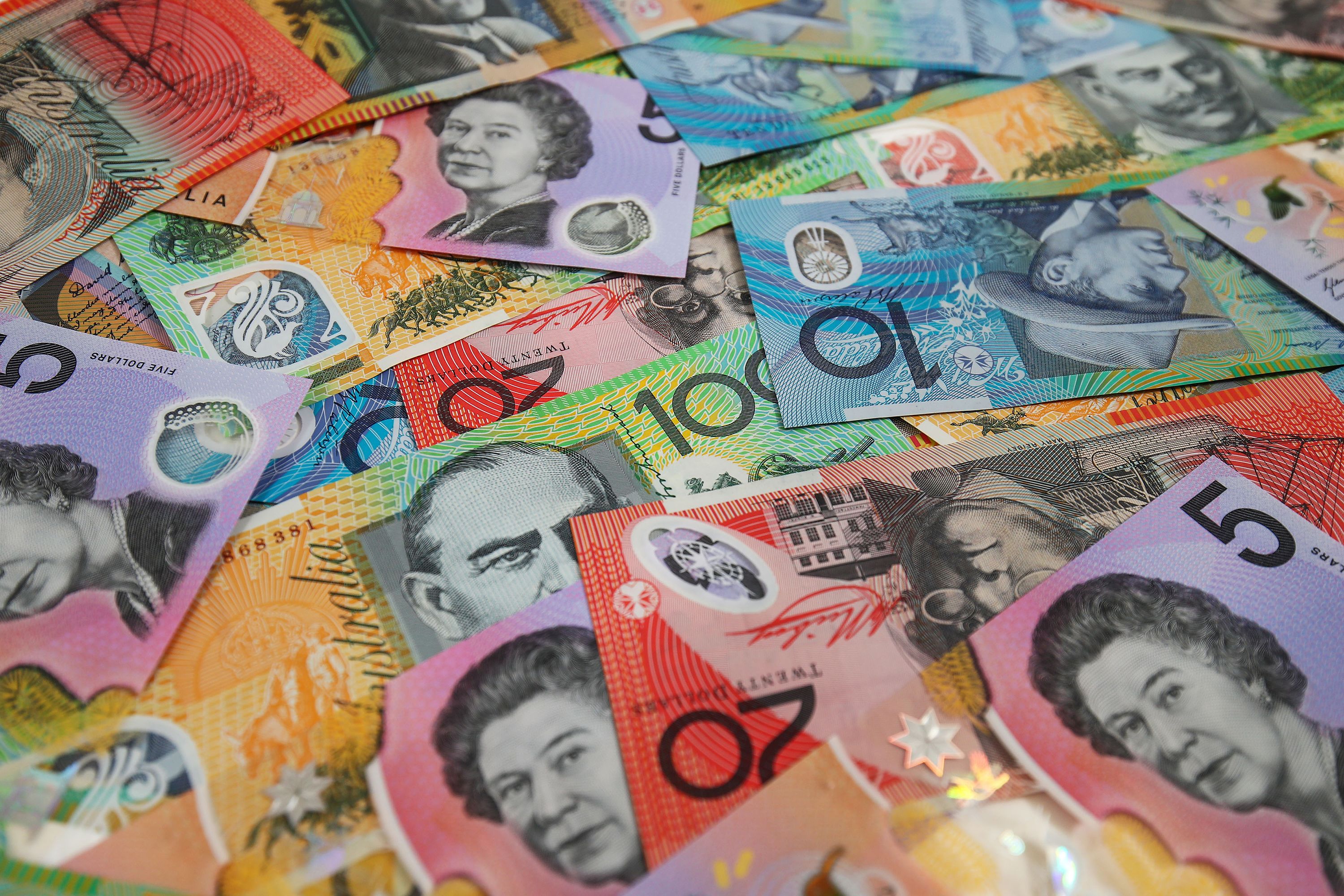 Australian money. Australian dollar banknotes. 50 AUD dollars bills. Stock  Photo