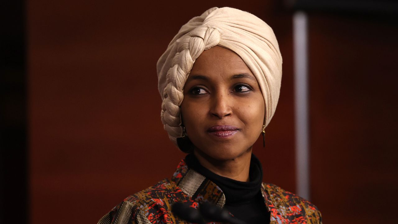 Washington, DC - January 25: US Rep. Ilhan Omar (D -MN) attends a press conference on committee tasks for the 118th US Congress in the US Capitol Building on January 25, 2023 in Washington, DC. The house's speaker Kevin McCarthy (R-CA) recently rejected the re-utilization of Rep. Adam Schiff (D-CA) and Rep. Eric Swalwell (D-CA) to House Intelligence Committee and has threatened to stop rep. Ilhan Omar (D-Mn) from serving in the House Foreign Committee. (Photo by Kevin Dietsch/Getty Images)