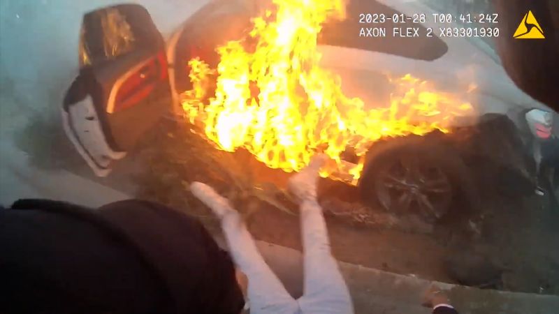 Cop, bystander rescue man as car bursts into flames on Las Vegas Strip