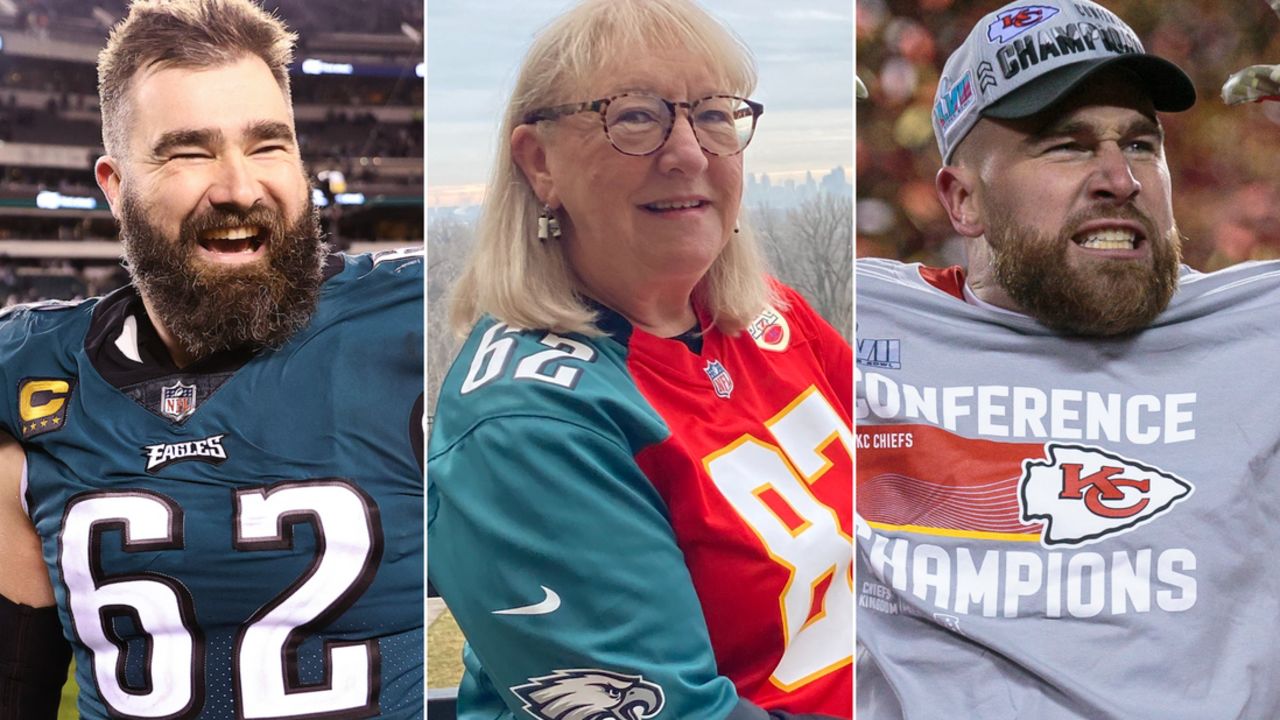 From left to right: Jason, Donna and Travis Kelce. Donna is the first mother to have two sons play aginst each other at the Super Bowl. 