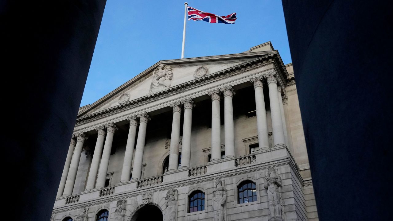 The Union Jack flag waves on top of the Bank of England in London, Thursday, Feb. 2, 2023. The Bank of England is expected to raise interest rates by as much as half a percentage point. That would outpace the latest hike by the U.S. Federal Reserve. The move on Thursday comes as the central bank seeks to tame decades-high inflation that has driven a cost-of-living crisis and predictions of recession. 