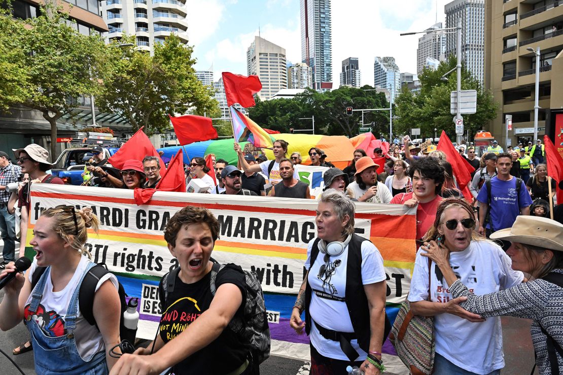 Protesters march through Sydney on Thursday with flags and banners.