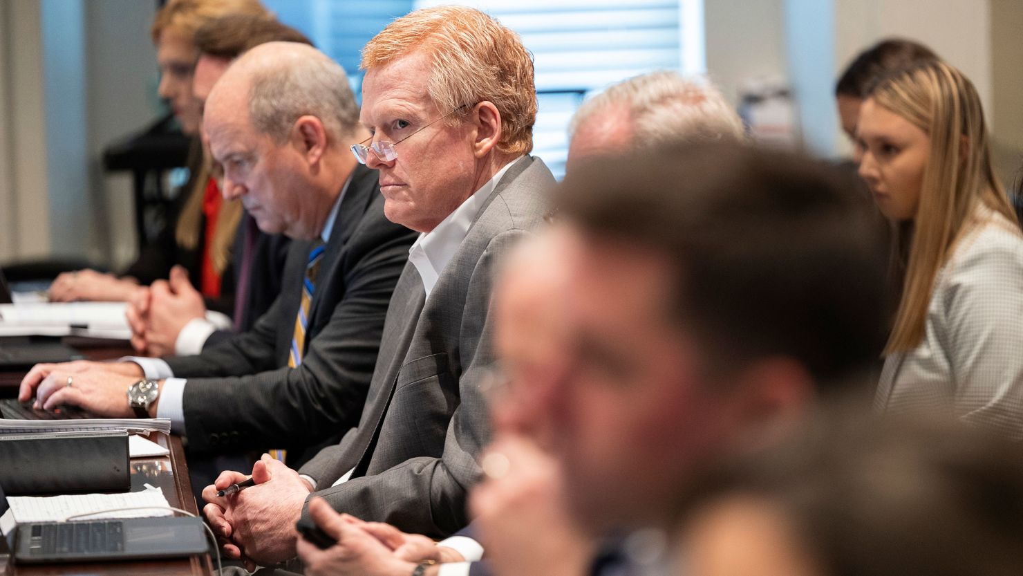 Alex Murdaugh, center, listens to testimony about information from his cellphone during his murder trial in Walterboro, South Carolina, on Wednesday.