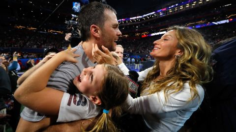 Brady celebrates with his then-wife Gisele Bündchen after the New England Patrios beat the Los Angeles Rams at Super Bowl LIII in 2019.