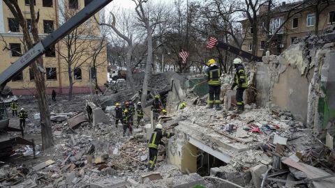 An emergency operation, pictured on February 2, 2023, is underway at the site of a destroyed residential building in Kramatorsk.