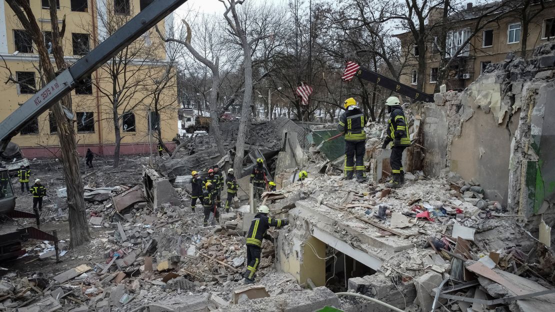 An emergency operation is underway at the site of a destroyed residential building in Kramatorsk.