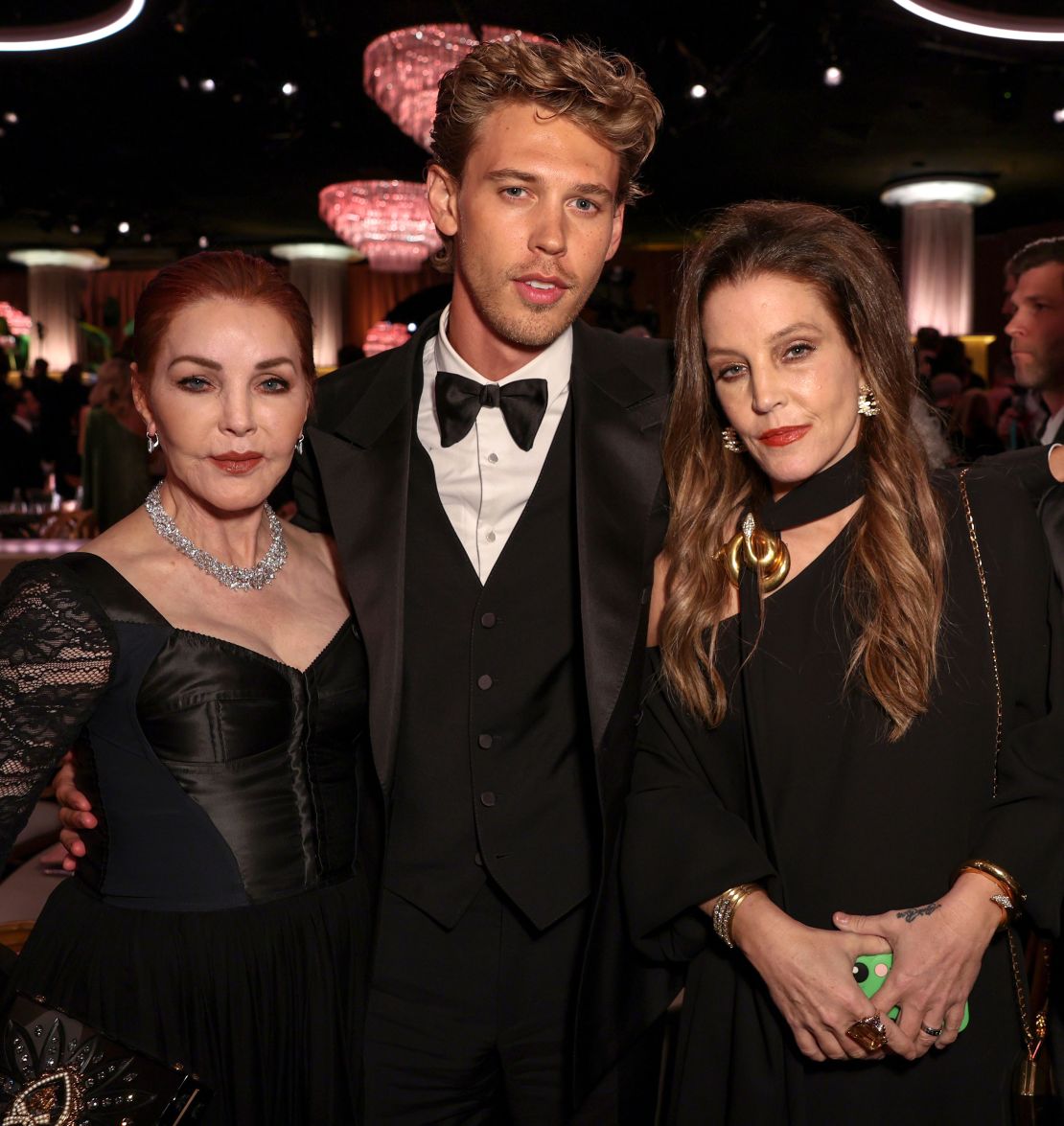 Priscilla Presley, Austin Butler and Lisa Marie Presley at the Golden Globes on Jan. 10. 