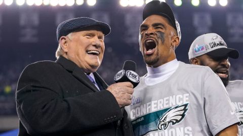 Philadelphia Eagles quarterback Jalen Hurts speaks Bradshaw after winning the NFC Championship on January 29.