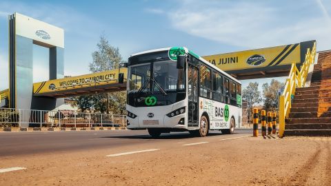 One of two BasiGo buses that began a road pilot in the Kenyan capital in 2022. The company plans to have 100 of its electric buses on the road by the end of 2023.