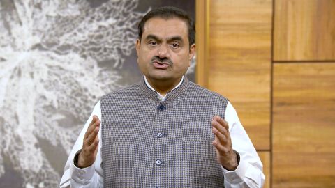 This grab from video released by Adani Enterprises ltd on Thursday, Feb.2, 2023 shows Indian billionaire Gautam Adani addressing investors from an unknown location.