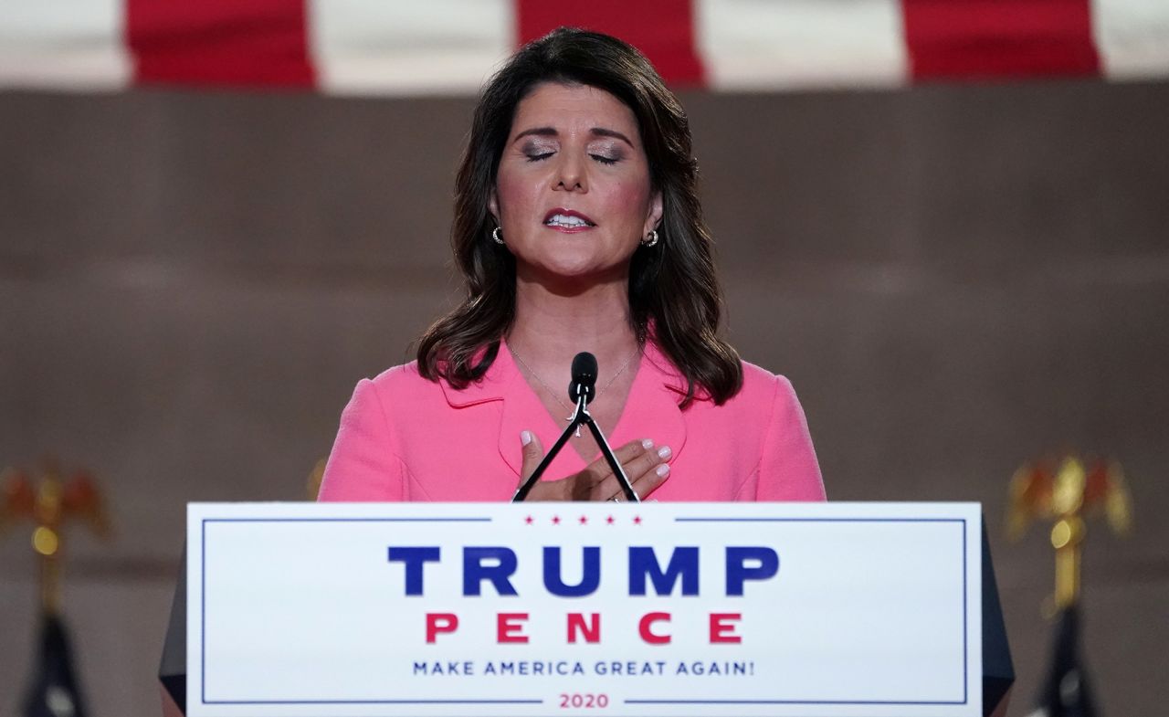 Haley places her hand over her heart during her speech at the 2020 Republican National Convention.