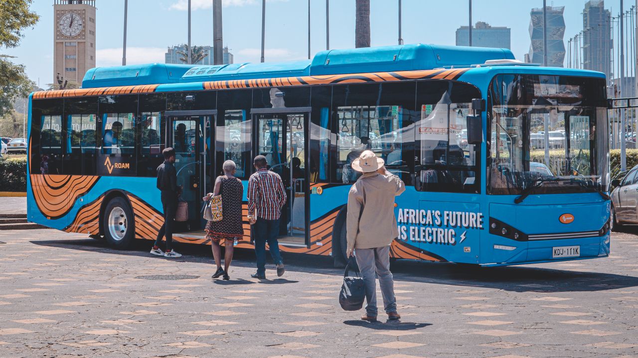 A Roam Rapid electric bus in Nairobi, Kenya. At least two mobility startups are looking to make inroads in the city's transport market with modern, sustainable alternatives to Nairobi's ubiquitous matatus (privately owned and operated minibuses).