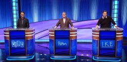 (From left) Wil Wheaton, Patton Oswalt and Ike Barinholtz competed on the 2023 'Celebrity Jeopardy' finale. 