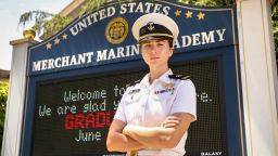 Hope Hicks, a midshipman at the United States Merchant Marine Academy stands outside the academy's gate in Kings Point, N.Y., on Wednesday, June 15, 2022. (John Paraskevas/Newsday via AP)