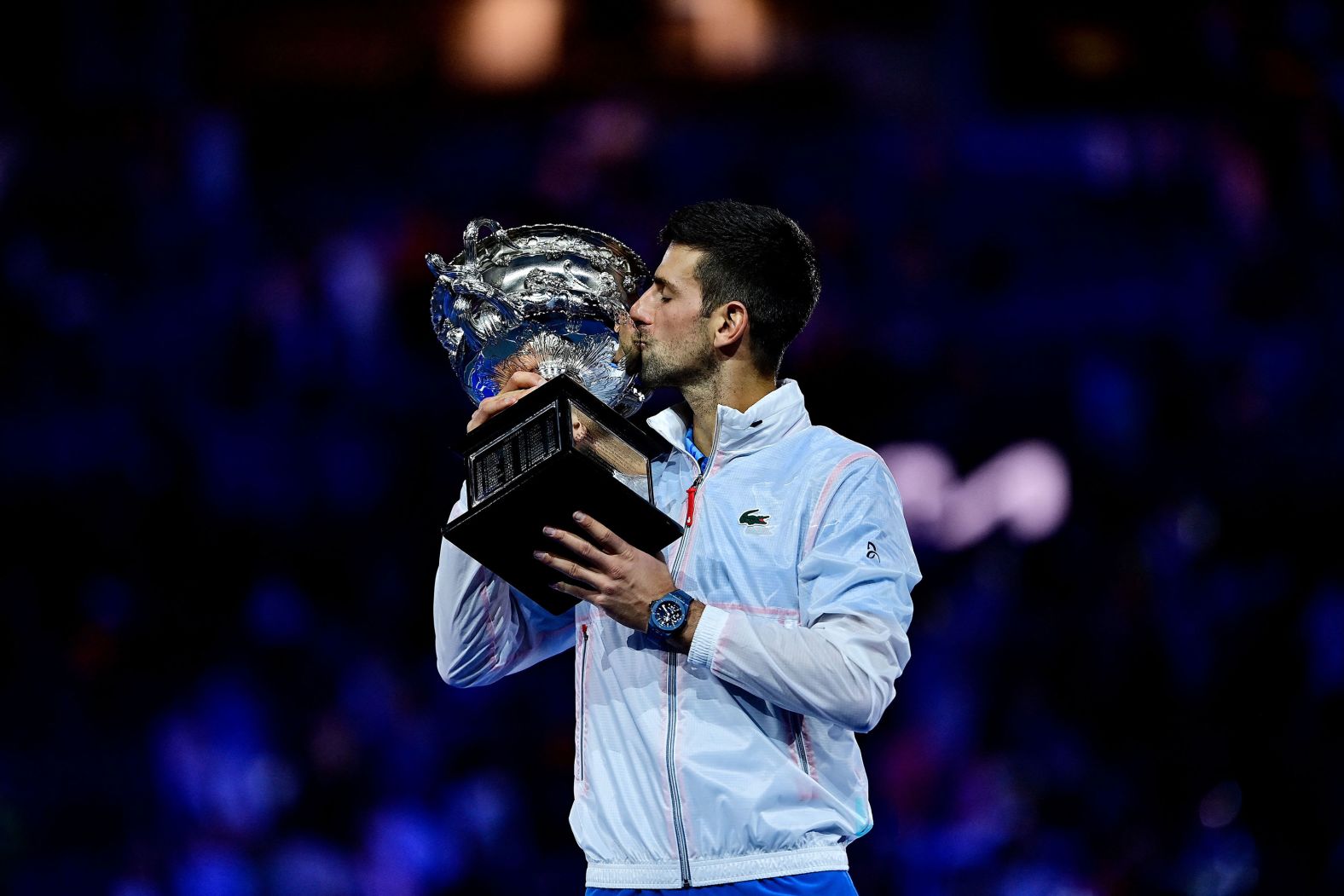 Tennis superstar Novak Djokovic kisses his trophy after <a href="index.php?page=&url=https%3A%2F%2Fwww.cnn.com%2F2023%2F01%2F29%2Ftennis%2Fnovak-djokovic-stefanos-tsitsipas-australian-open-final-spt-intl%2Findex.html" target="_blank">winning the Australian Open</a> on Sunday, January 29. Djokovic has now won 22 grand slam titles, tying him with Rafael Nadal for the most all time by a male player.