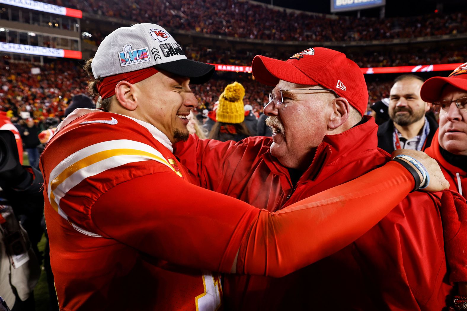 Kansas City Chiefs quarterback Patrick Mahomes celebrates with Chiefs head coach Andy Reid after they won the AFC Championship on Sunday, January 29, <a href="index.php?page=&url=https%3A%2F%2Fwww.cnn.com%2F2023%2F01%2F29%2Fus%2Fnfl-conference-championships-chiefs-bengals-eagles-49ers%2Findex.html" target="_blank">and clinched a spot in the Super Bowl</a>. This will be the Chiefs' third Super Bowl appearance in four years.