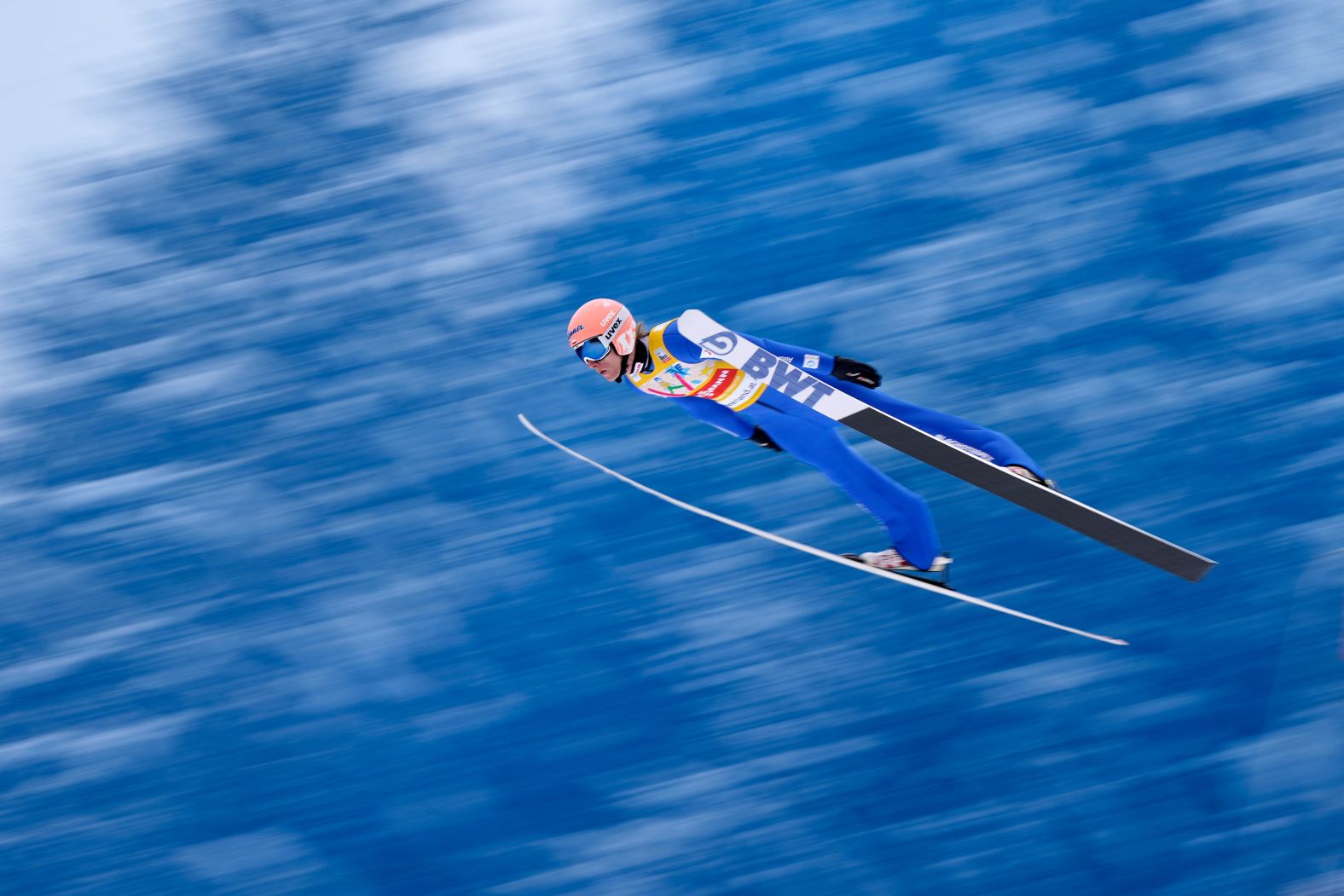 Poland's Dawid Kubacki soars through the air during a World Cup ski flying event in Bad Mitterndorf, Austria, on Saturday, January 28.