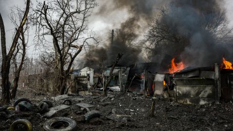 Garages are pictured on fire after missile strike on February 2, 2023 in Kramatorsk, Ukraine.